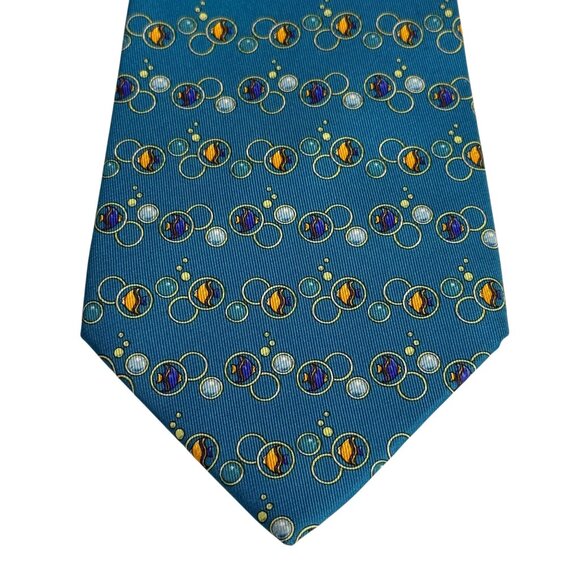 Salvatore Ferragamo Silk Neck Tie Goldfish Bubbles Pattern Teal Men's Neckwear - Picture 2 of 12